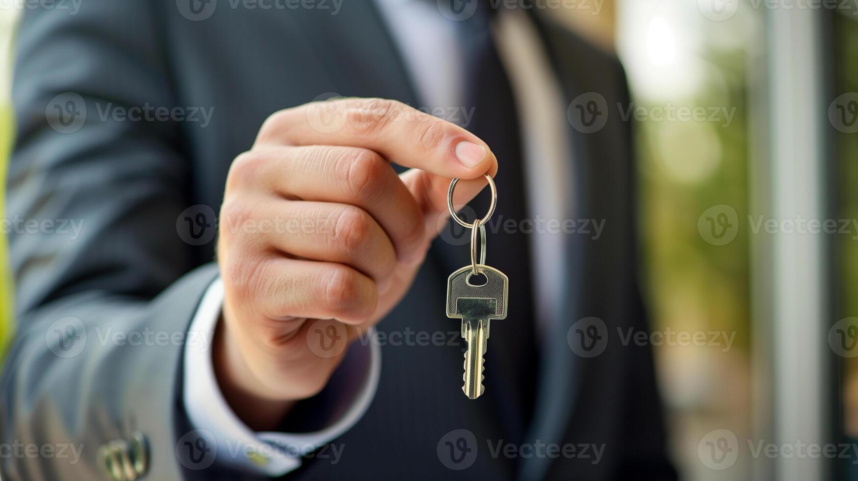 Businessman Holding House Keys. Close-up of a businessman's hand presenting a set of house keys, symbolizing real estate ownership or transfer. photo