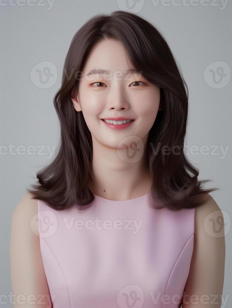 Smiling Woman in Pink Dress with Elegant Hairstyle photo
