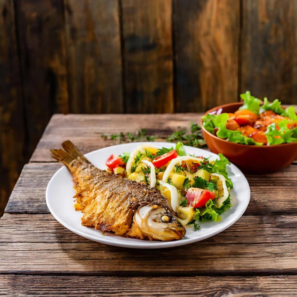 fried fish carp and fresh vegetable salad on wooden table photo
