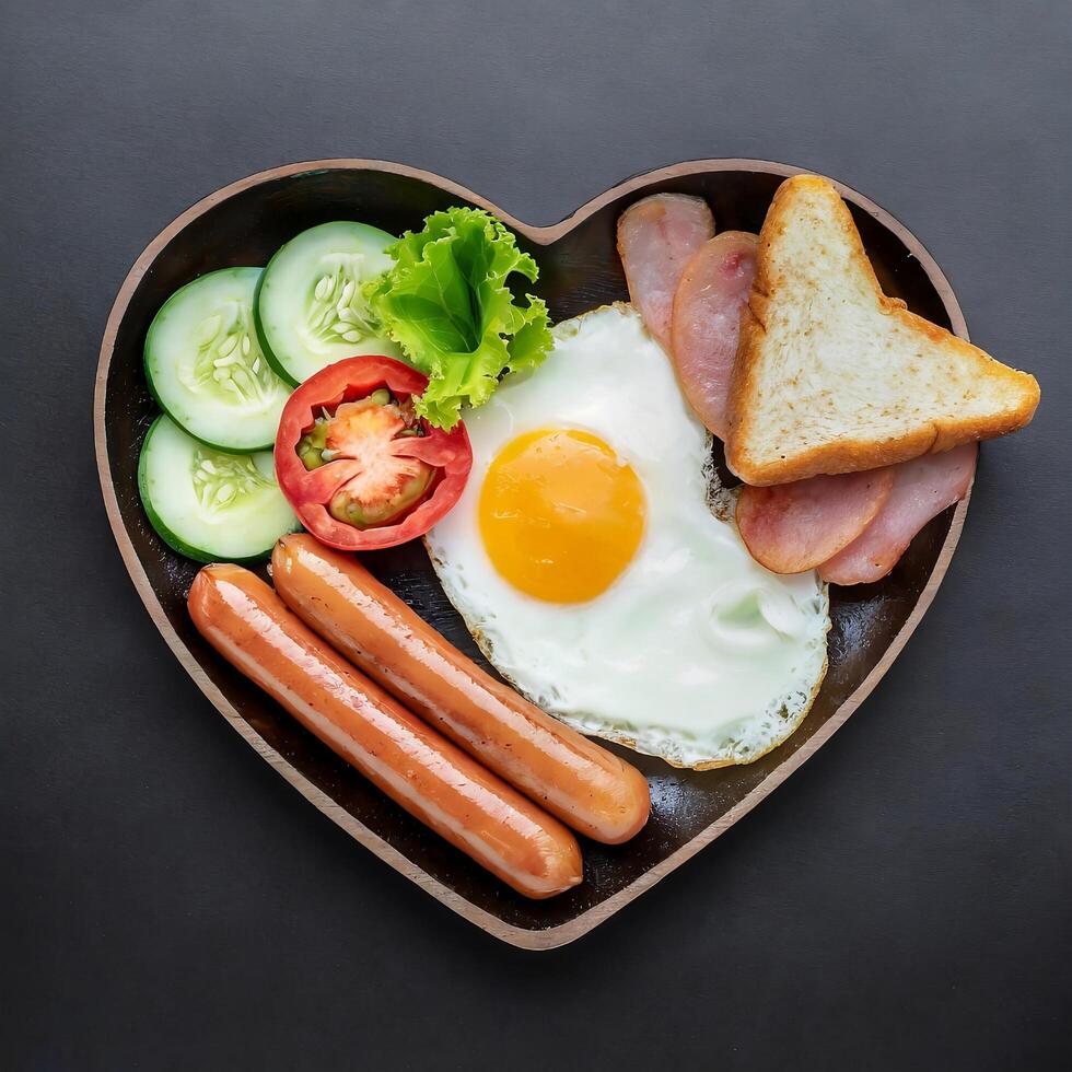 bread bacons sausage fried egg cucumber and tomato served for breakfast photo
