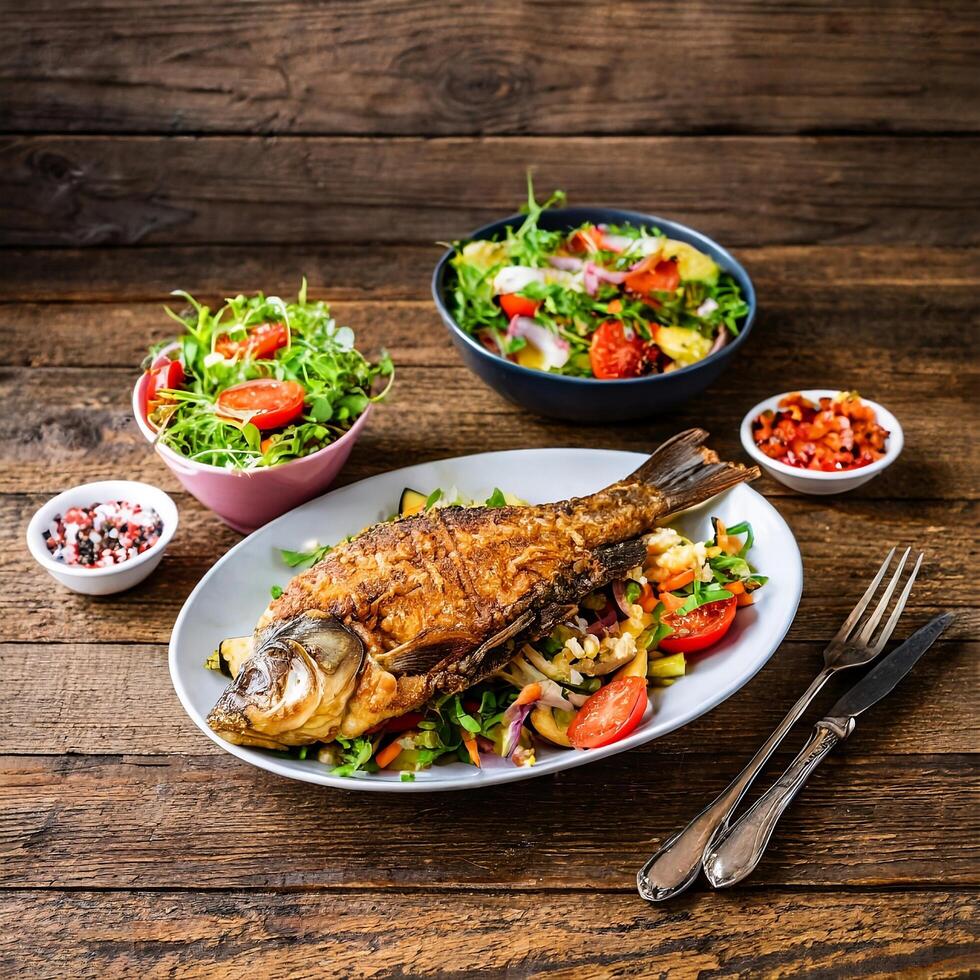 fried fish carp and fresh vegetable salad on wooden table photo