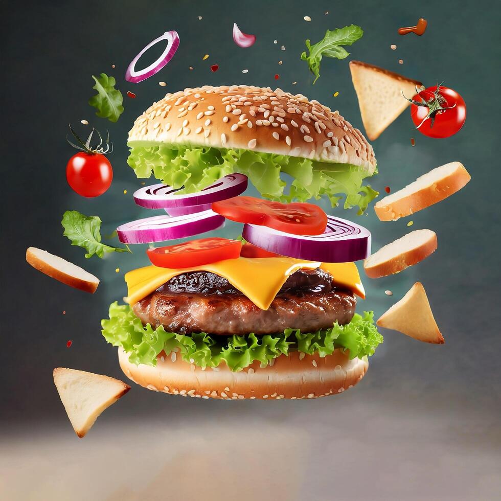 burger with flying elements photo