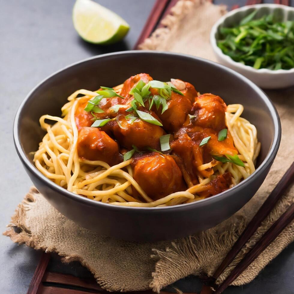 Manchurian Hakka or Shazwan noodles popular Indochinese food served in a bowl with chopstic photo