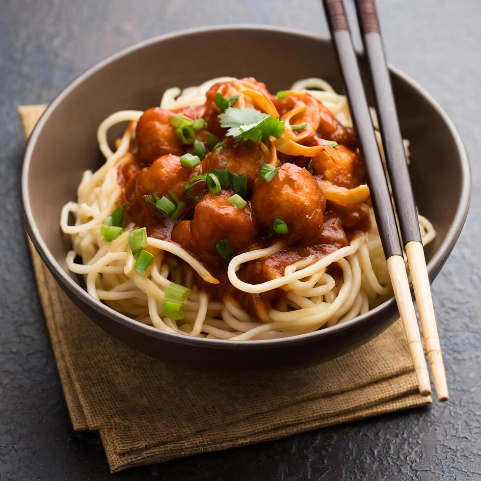 Manchurian Hakka or Shazwan noodles popular Indochinese food served in a bowl with chopstic photo