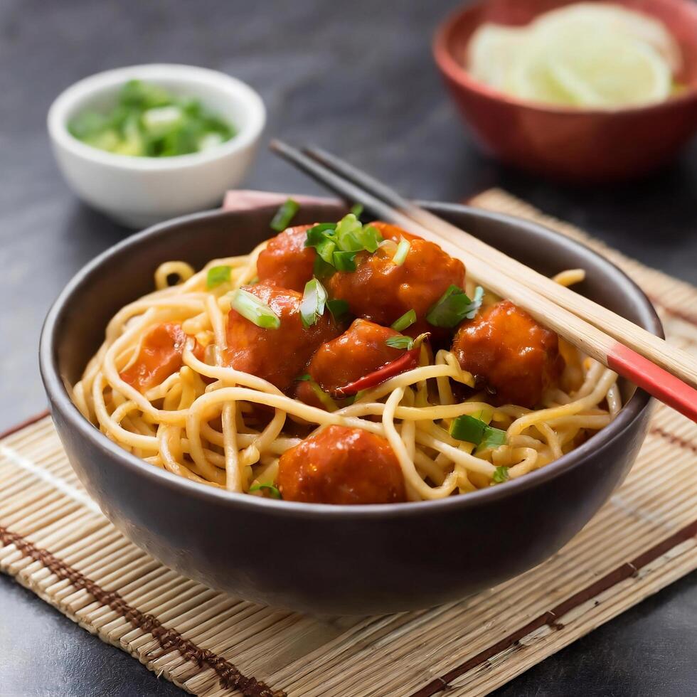 Manchurian Hakka or Shazwan noodles popular Indochinese food served in a bowl with chopstic photo