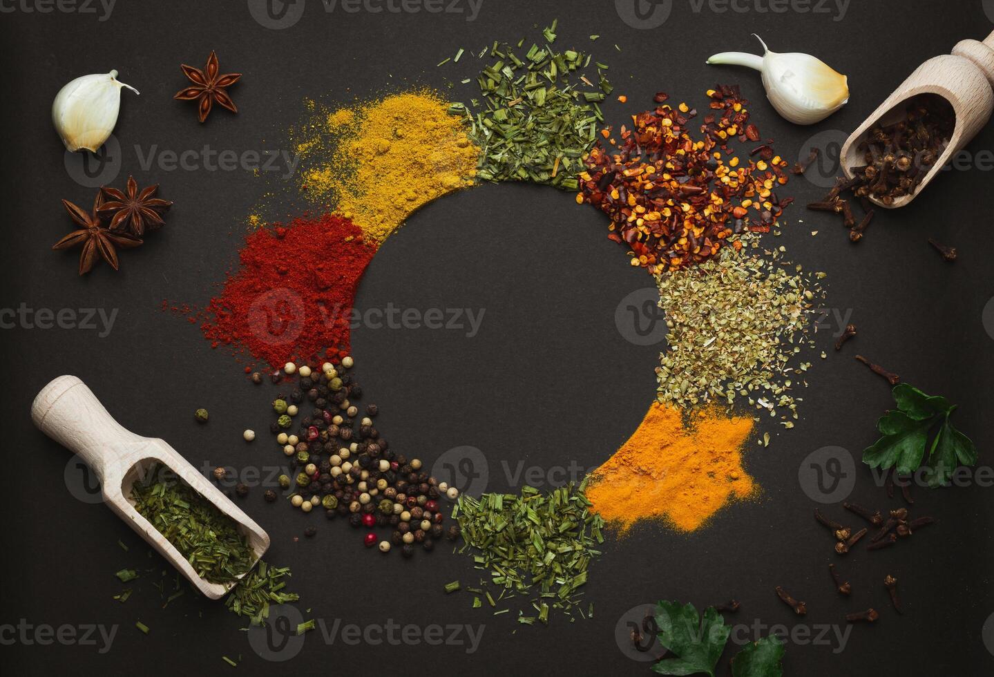 Circle frame composition of spices and herbs isolated on dark background with copy space. Frame of Indian spices and herbs. Ingredients of asian cuisine spices photo