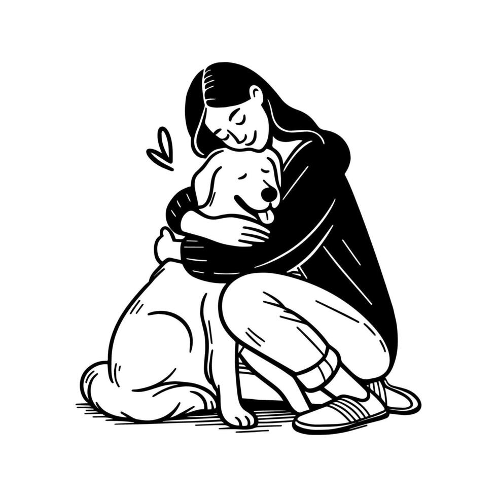 Simple Minimalist Black And White Illustration of a Woman Hugging Her Pet Dog vector