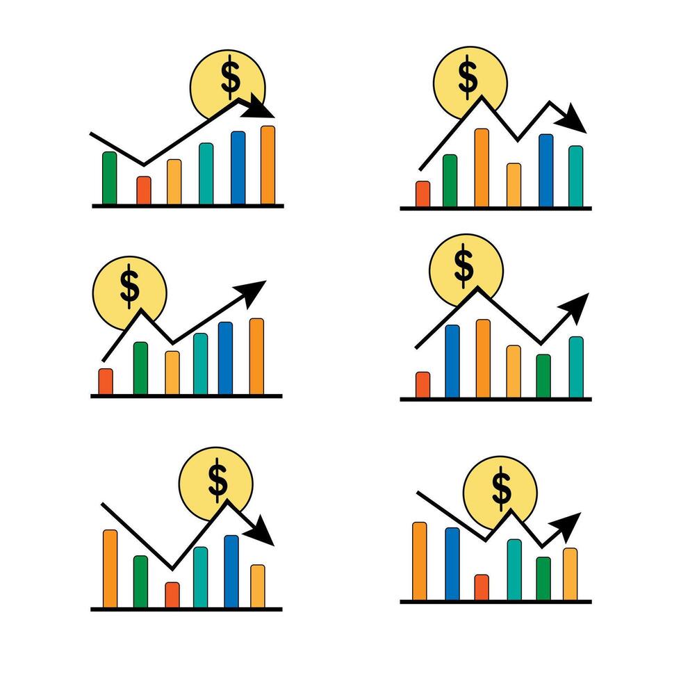 set of graphic flat color icons graphics with dollar vector