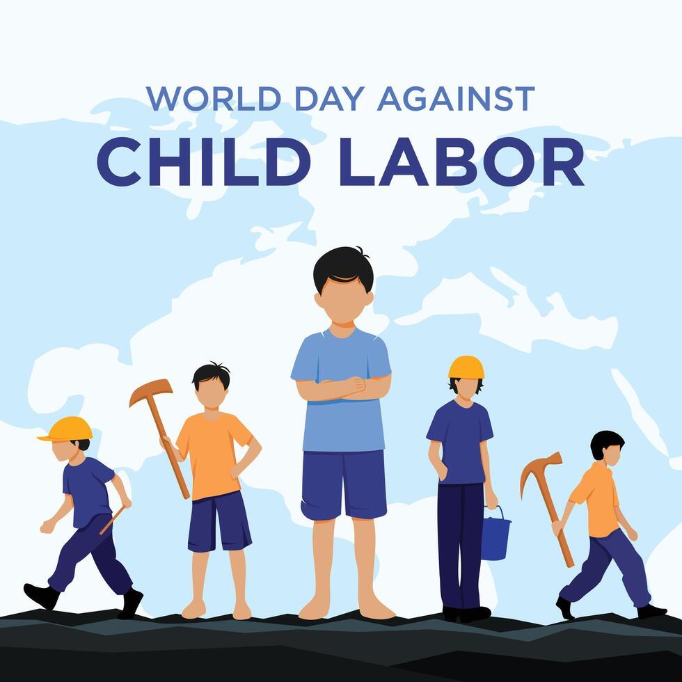 World day against Child Labor illustration. Let's bring child labor down. Kids working. Isolate on light world map Background. stop child labor. vector