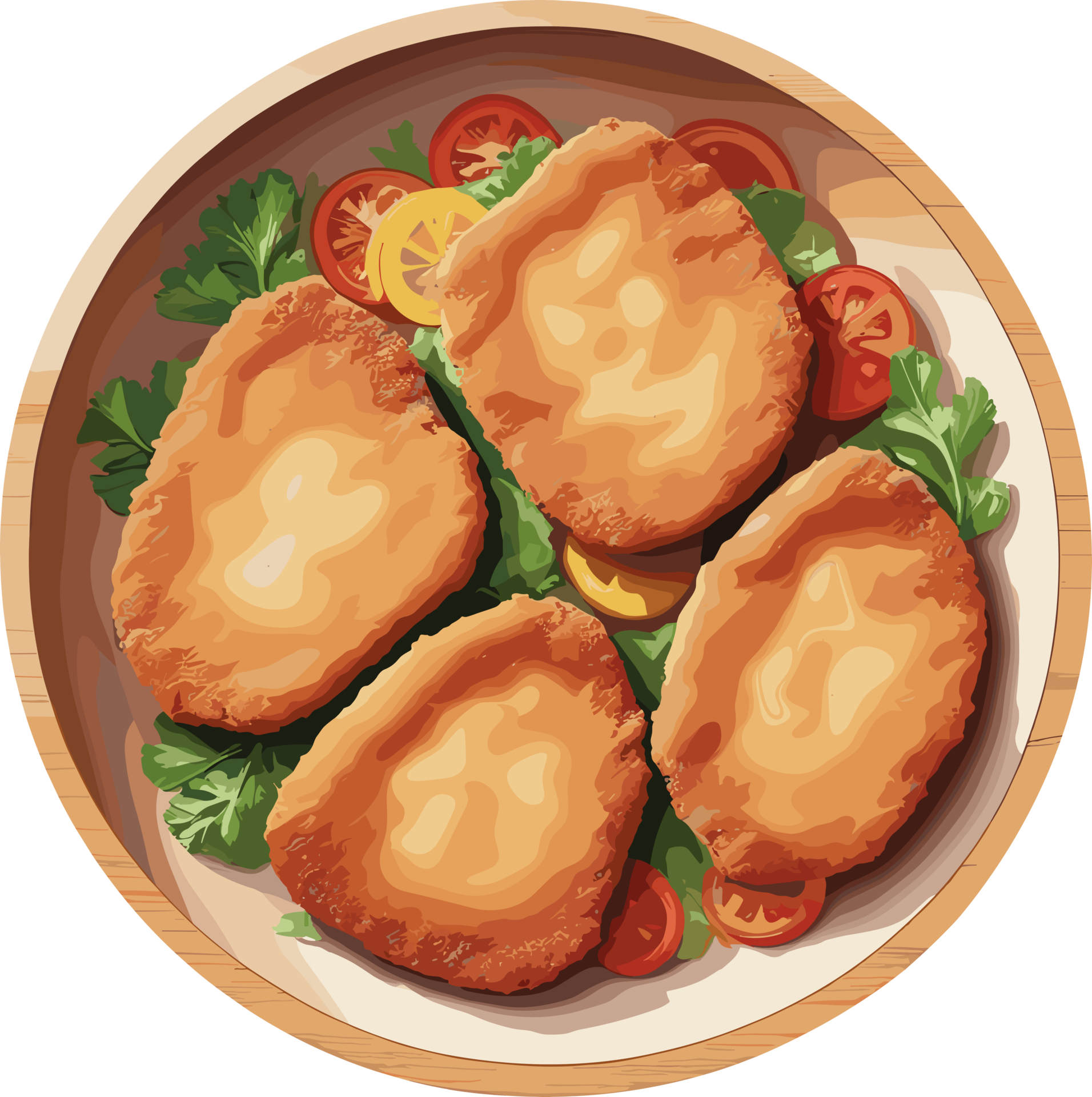 Watercolor delicious deep fried pork cutlets in wooden plate, food