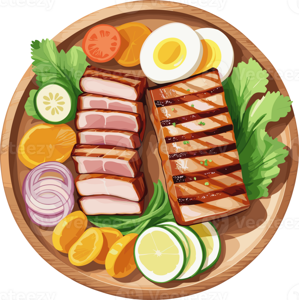 delicious grilled pork and vegetables in wooden plate, cartoon clipart for healthy food recipes, steak, calories, home cooking, nutrition, menu, weight control, Ketogenic diet, meal, protein, gourmet png