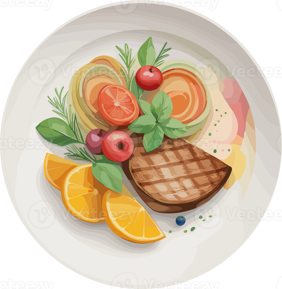 Plating steak decoration technique, watercolor clipart for beautiful culinary, fine dining, dinner recipes, food presentation, restaurant, calories, chef, menu, Ketogenic diet, meal, gourmet art png