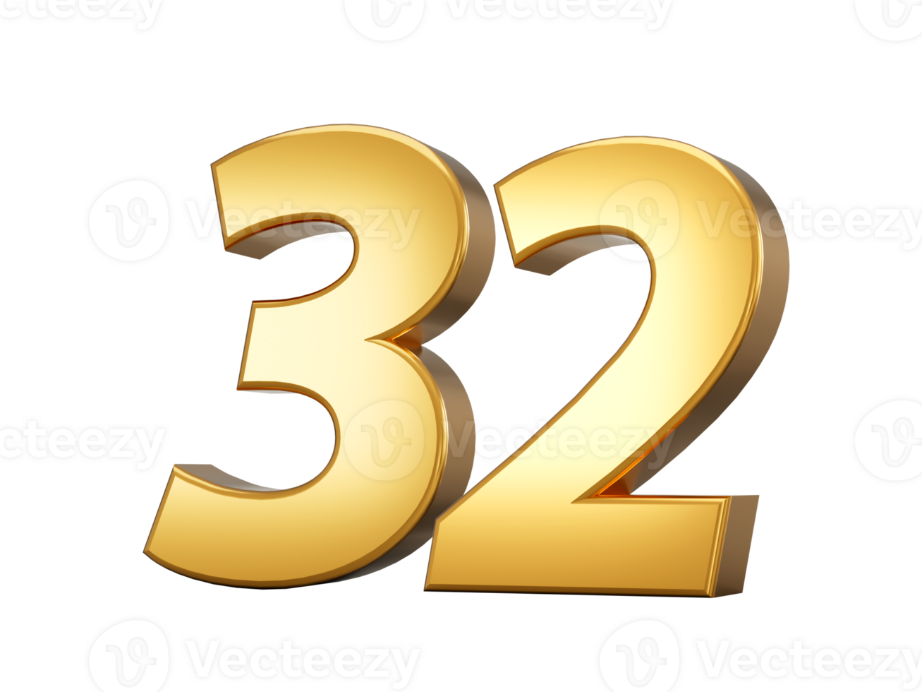 Golden metallic Number 32 Thirty two, 3d illustration png