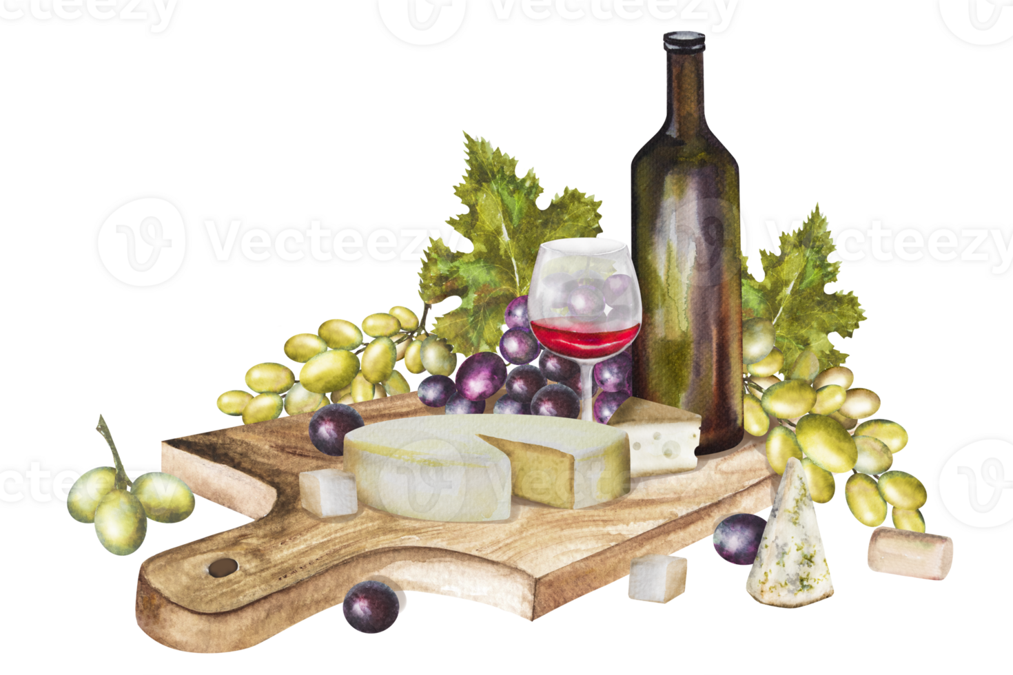 Watercolor illustration, wine composition with a bottle of wine, different types of cheese and grapes. Wine set for various designs. png