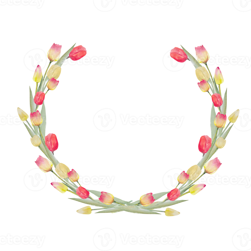 Bouquet of tulips. Watercolor illustration Spring floral wreath. Postcard for Easter, Women's Day and other holiday. Yellow, pink, red, tulip with leaves png