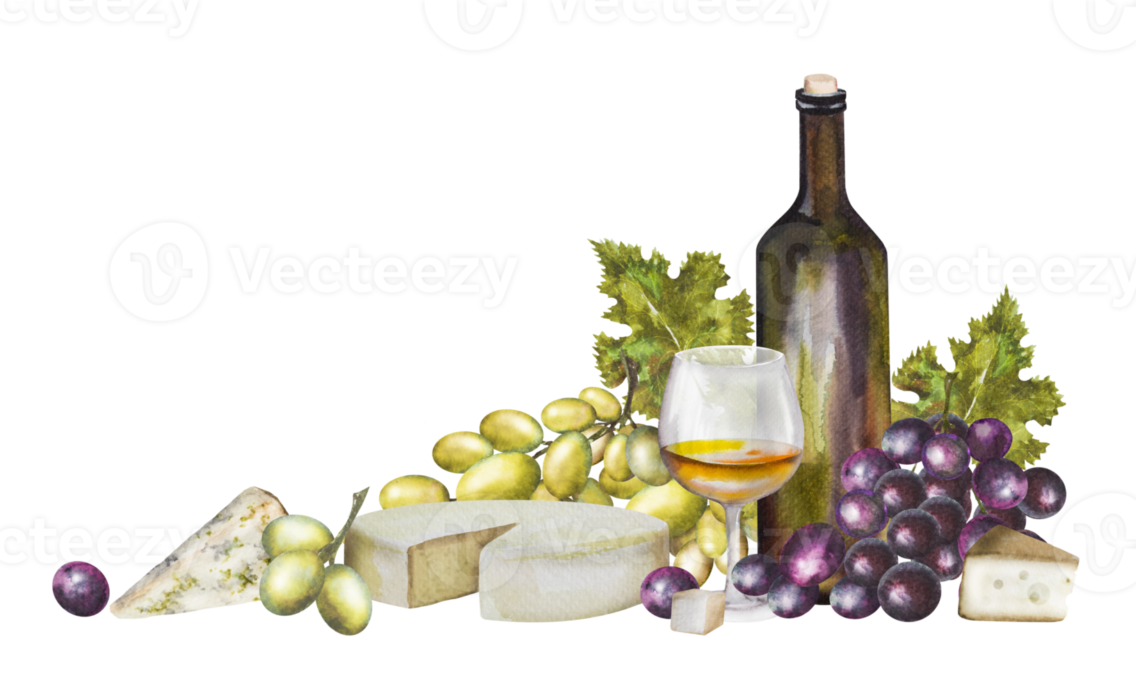 Watercolor illustration, wine composition with a bottle of wine, different types of cheese and grapes. Wine set for various designs. png