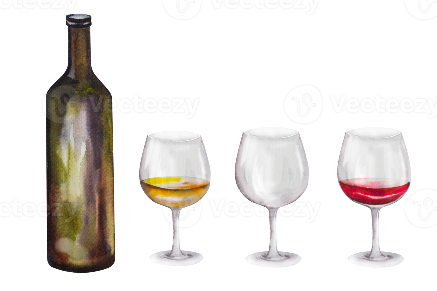 Hand drawn watercolor illustration. Wine glasses, with red and white wine. png