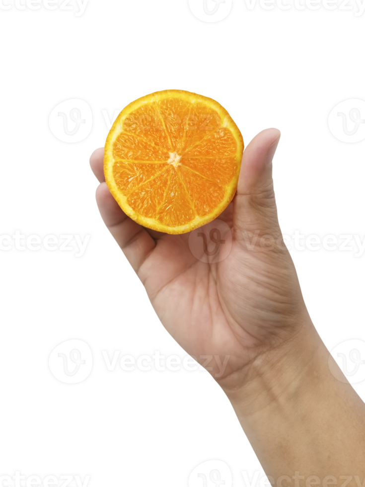 hand holding slice of orange, transparent background png