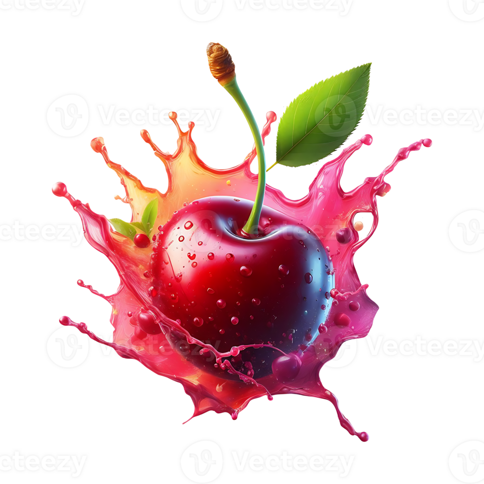 Fresh Cherry and juice splash isolated on a transparent background png