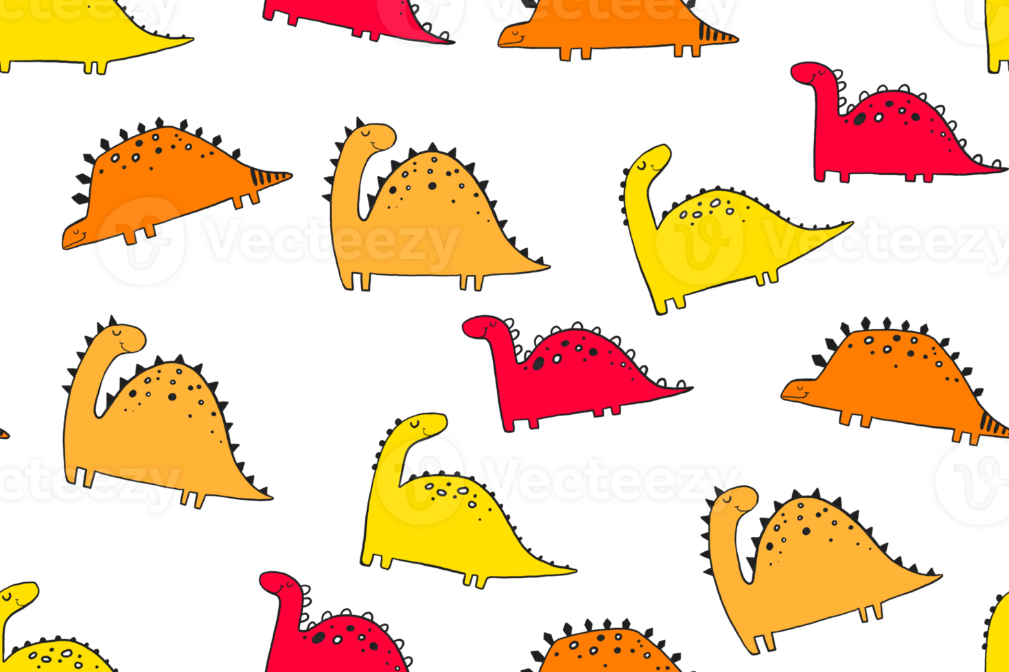 Seamless pattern with orange cartoon doodle dino. Childish endless background for textile, wrapping paper, nursery. Dinosaur background png