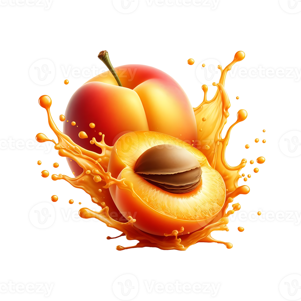 Apricots and juice splash isolated on a transparent background png