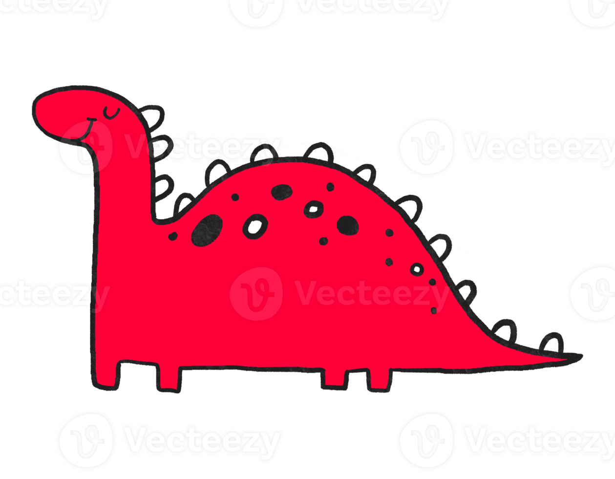 Red cartoon hand drawn doodle dinosaur with leaves. Dino simple monster. Card for children. Childish composition png