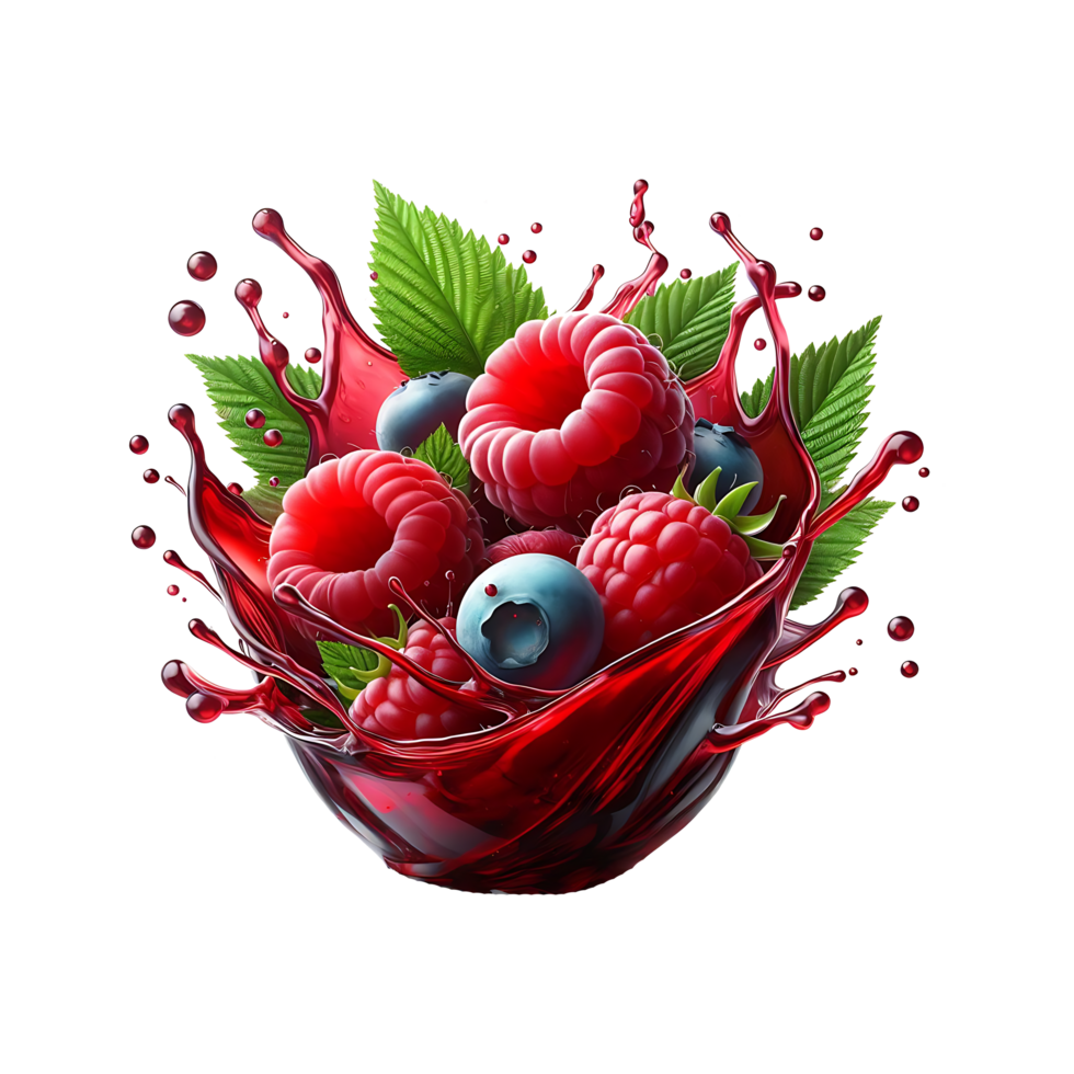 Fresh raspberry and juice splash isolated on a transparent background png