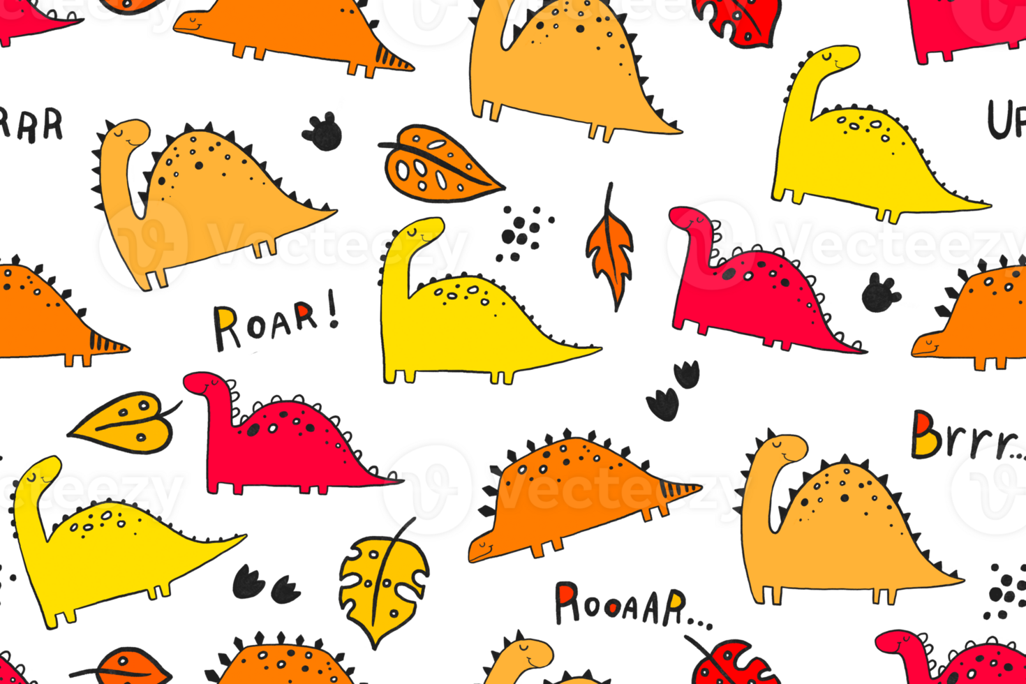 Seamless pattern with orange cartoon doodle dino. Childish endless background for textile, wrapping paper, nursery. Dinosaur and botanical background png