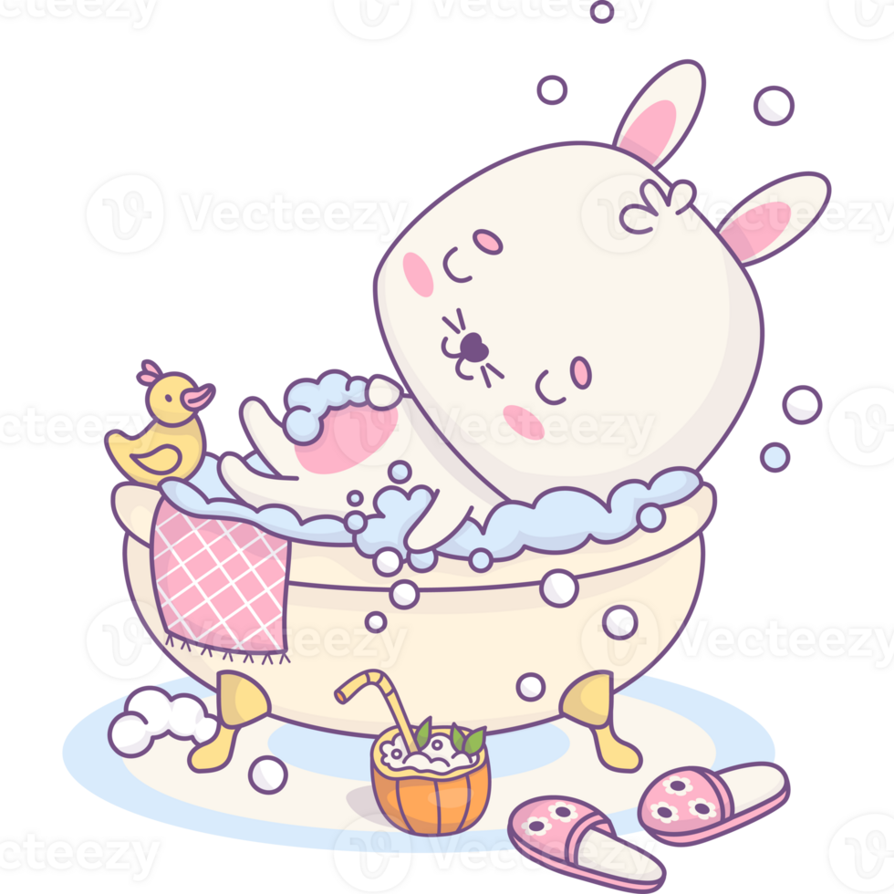 Cute relaxed rabbit in bubble bath png