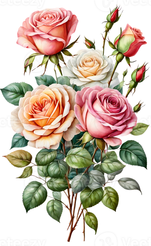 The eternal beauty of roses is displayed against a transparent backdrop, exuding a pure and alluring charm. png