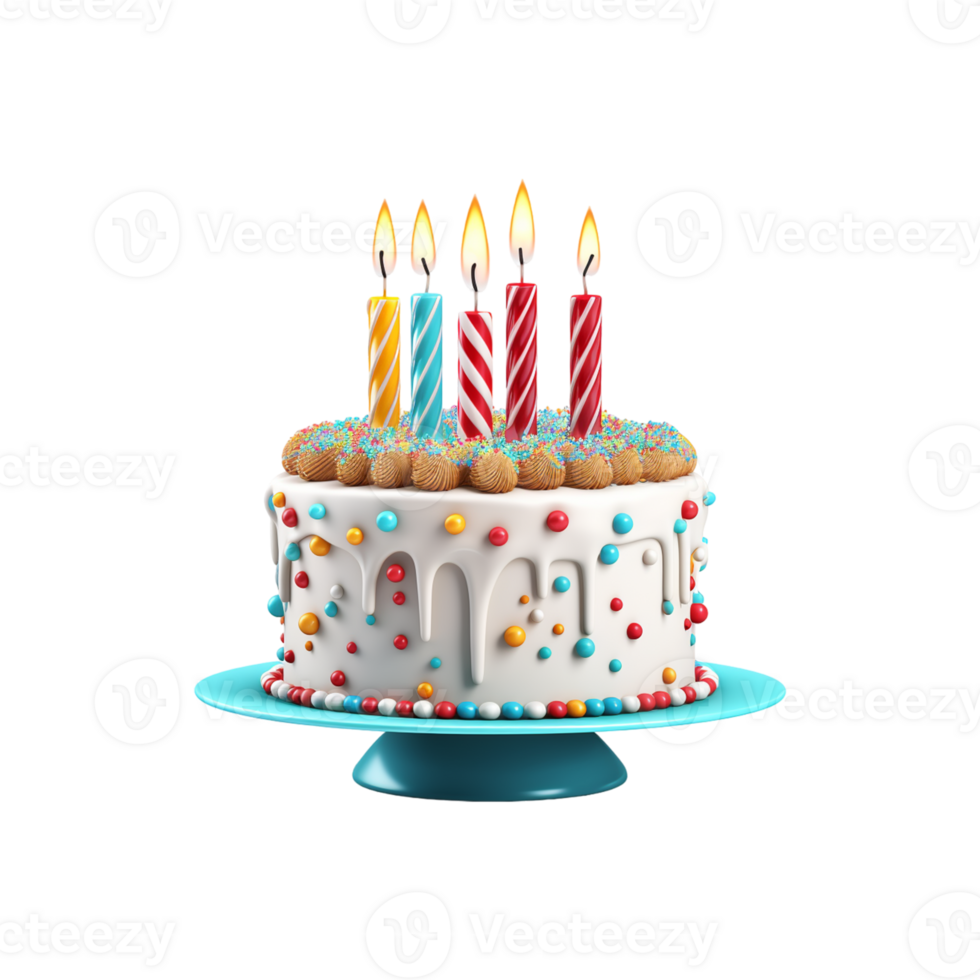 Birthday cake with candles and decorations isolated on transparent background png