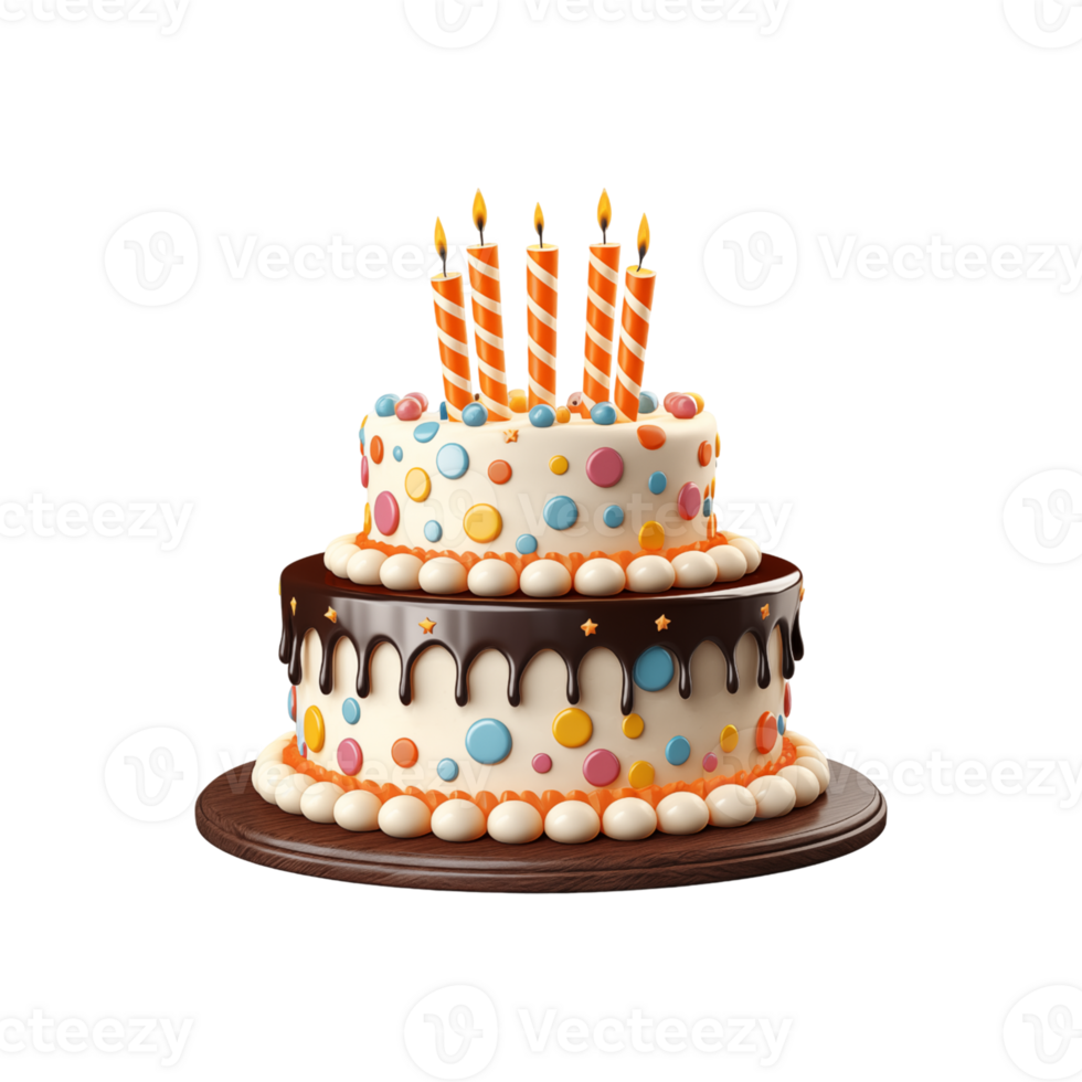 Birthday cake with candles and decorations isolated on transparent background png