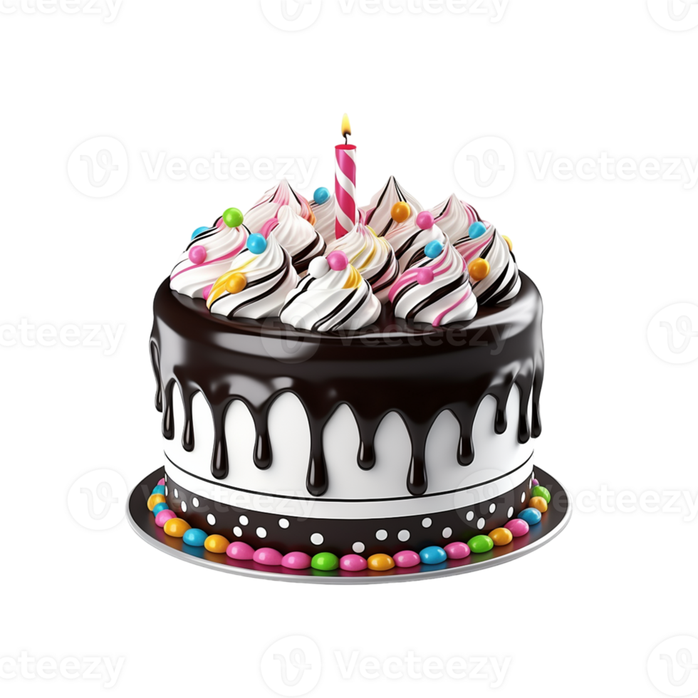 Birthday cake with candles and decorations isolated on transparent background png