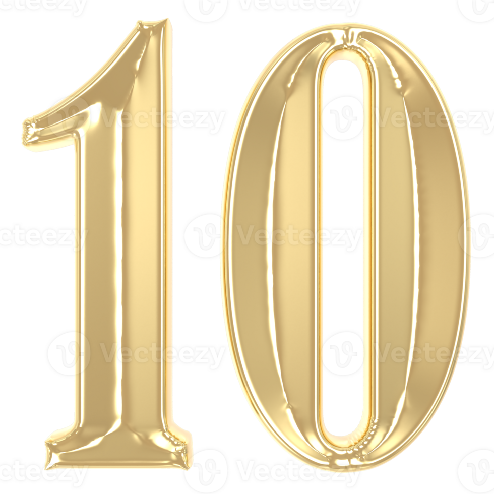 10 Gold Number 3D Rendering png