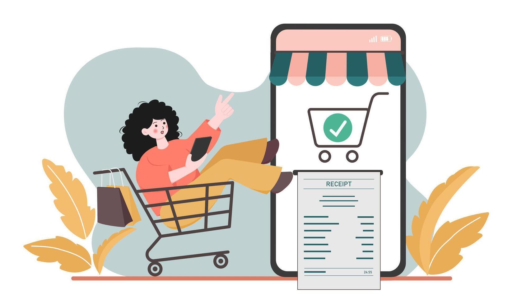 Woman with telephone in her hands buys goods in online store. Shopping and home delivery. Electronic transfer and payment on Internet. Cartoon flat illustration vector