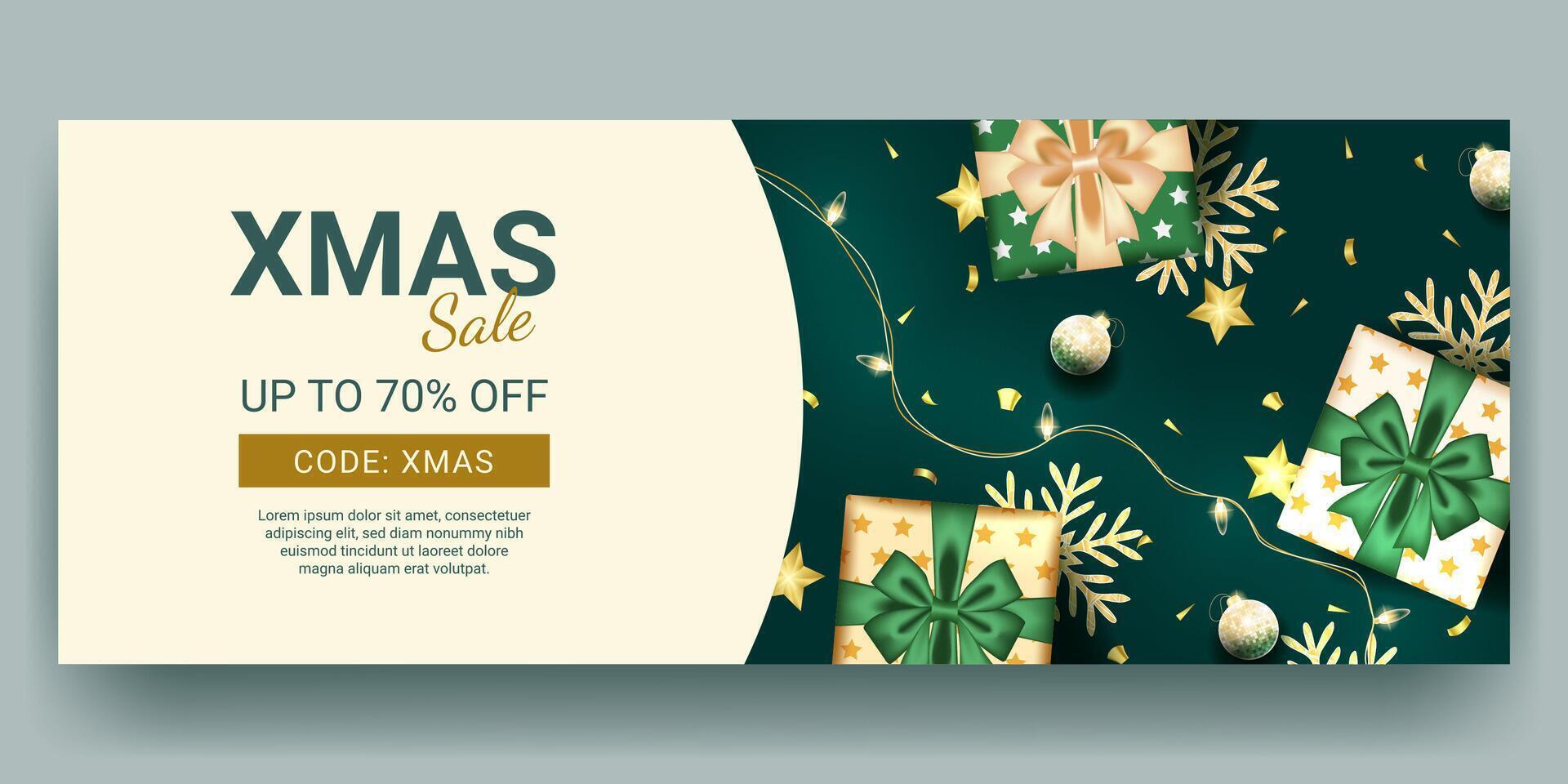 Merry Christmas and happy new year green horizontal sale banner vector