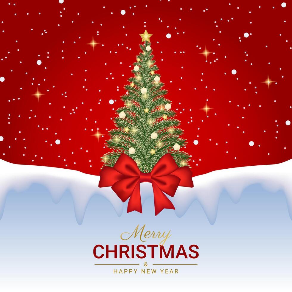 Merry Christmas and happy new year greeting card with realistic Christmas tree and red starry background vector