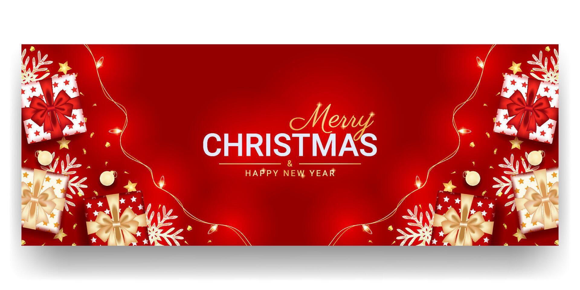 Merry Christmas and happy new year banner with realistic red decoration vector