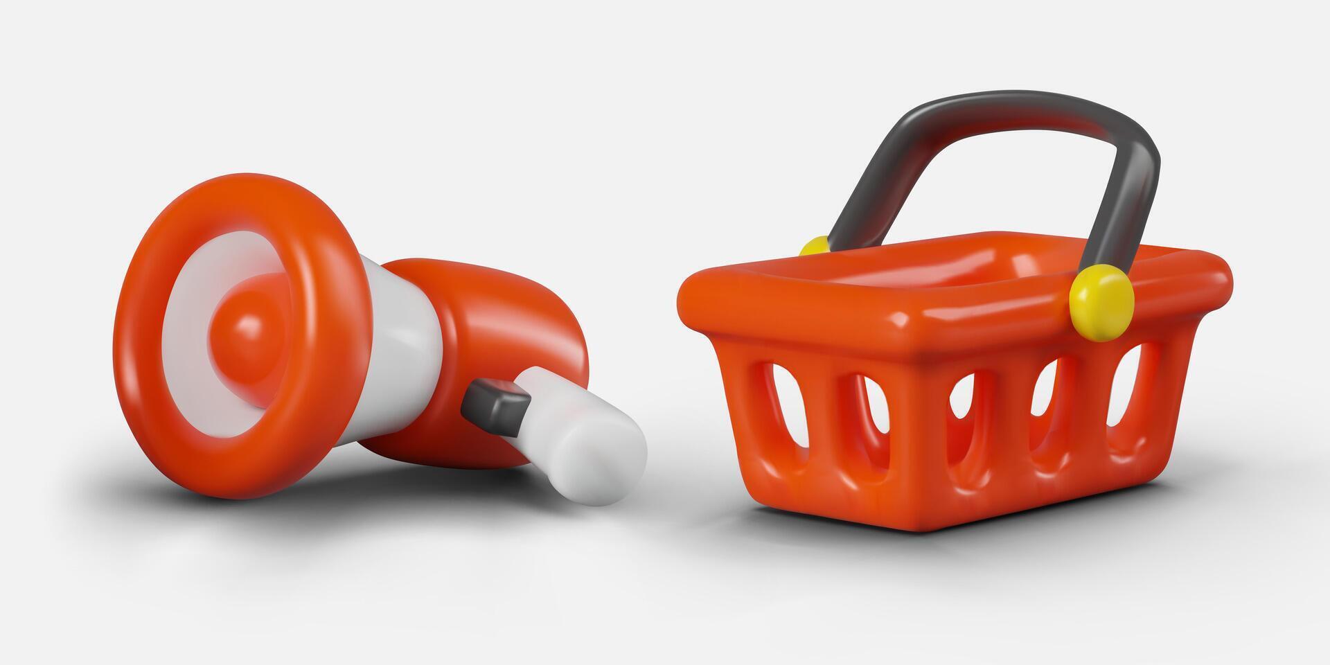 Cartoon composition of megaphone and shopping basket in red colors vector