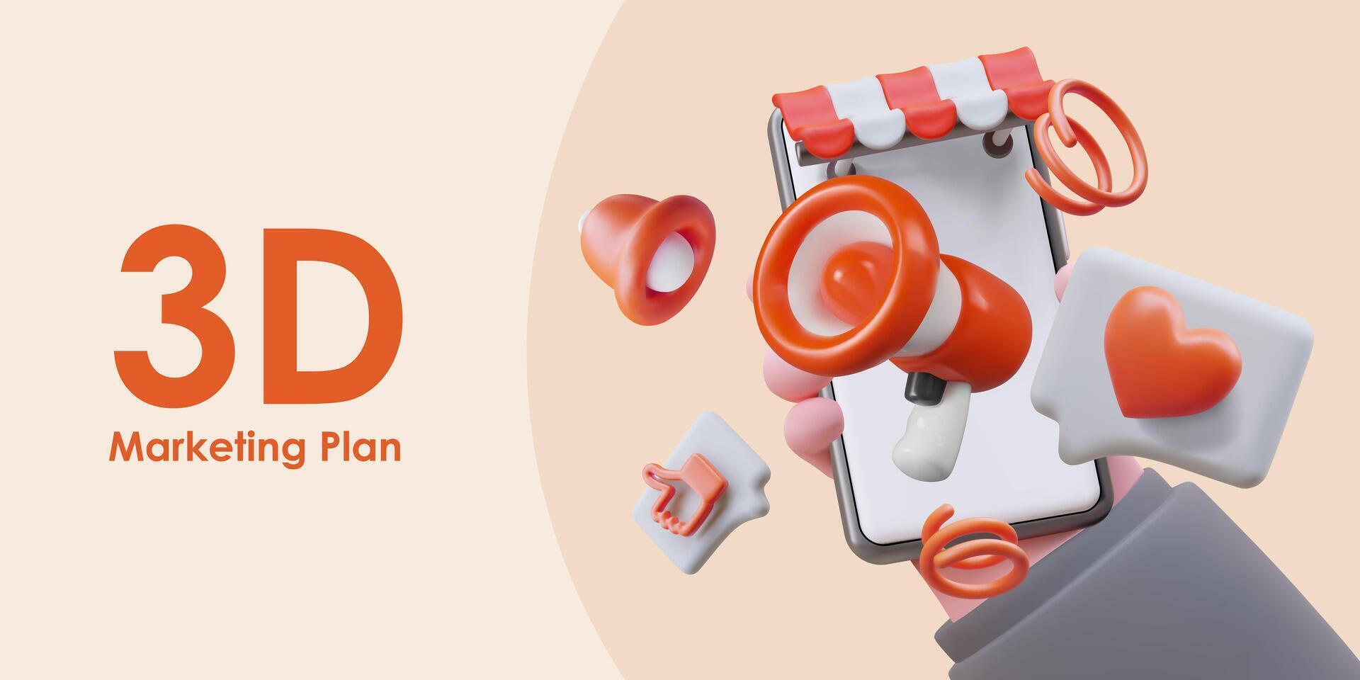 Concept of marketing plan. Poster with man holding smartphone with red megaphone vector
