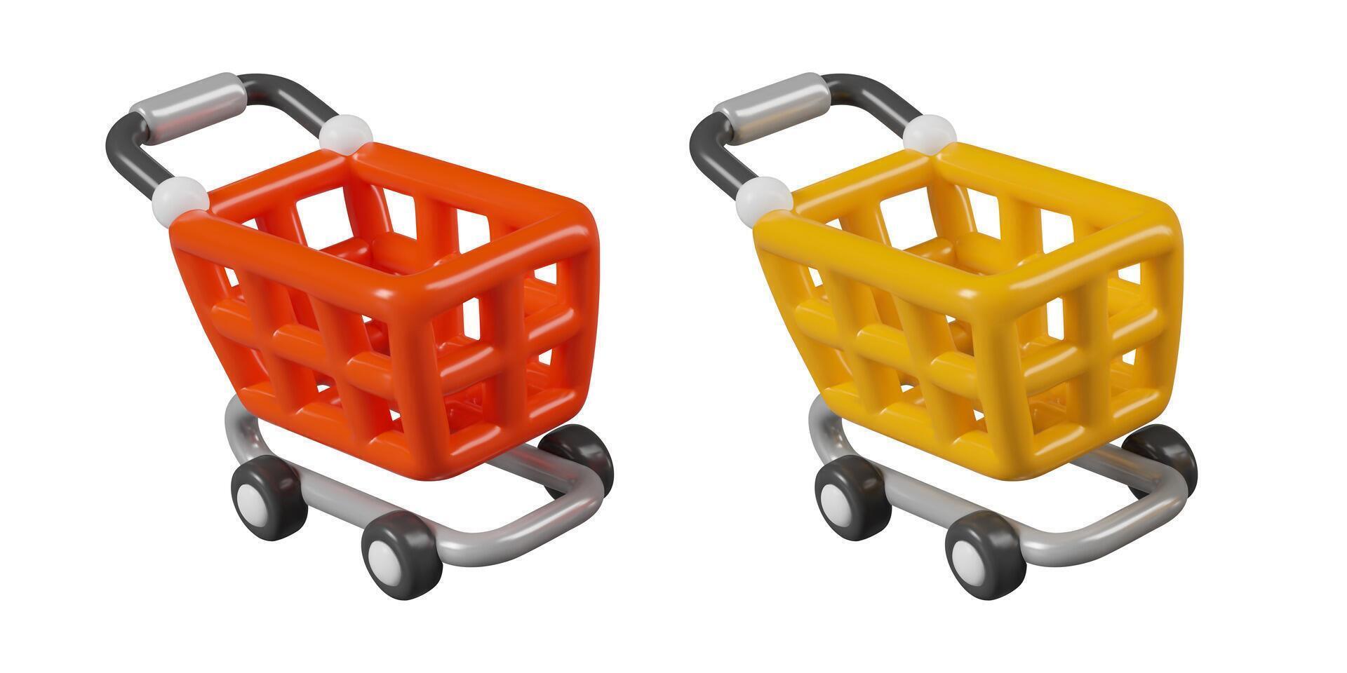 Red and yellow shopping carts. Empty store trolley. Symbol of online commerce, digital marketing vector