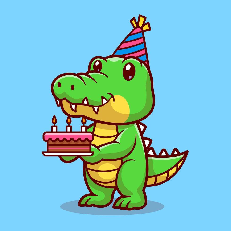 Cute Crocodile Holding Birthday Cake Cartoon vector