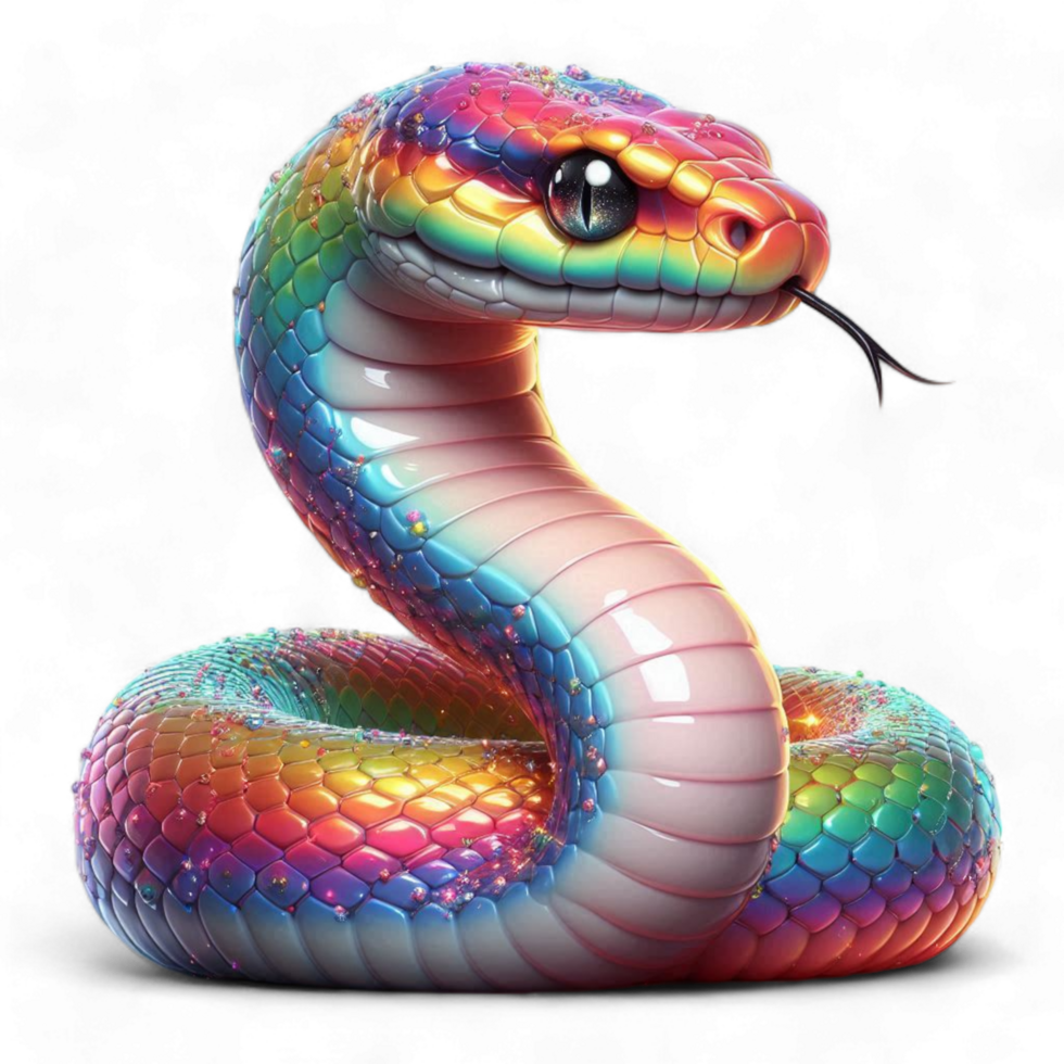 This colorful snake, depicted in a cartoon-style, 3D image, features a vibrant rainbow pattern, suitable for game assets on a transparent background. Generated Ai png