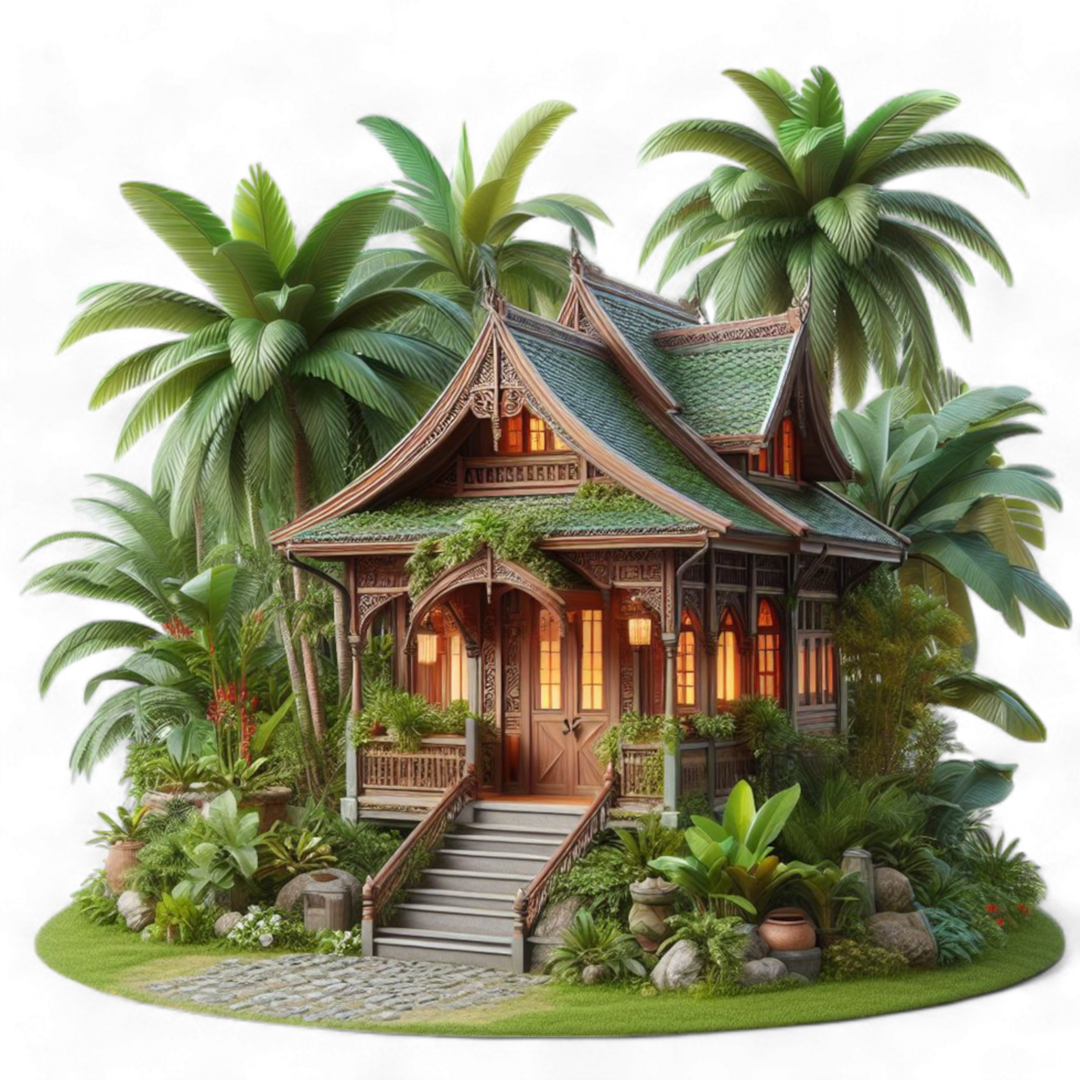 An Oriental-style house with a porch and steps, showcasing intricate architectural details. Generated Ai png