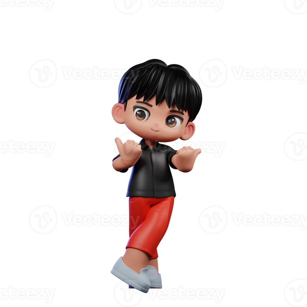 3d Cartoon Character with a Black Shirt and Red Pants Pointing at Side Pose png