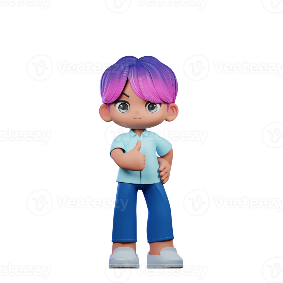3d Cartoon Character with a Purple Hair and Blue Pants Showing Thumbs Up Pose png