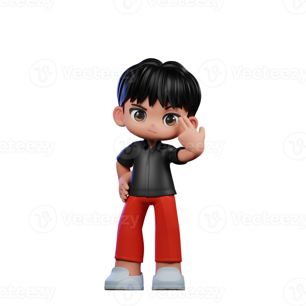 3d Cartoon Character with a Black Shirt and Red Pants Pointing at Him Pose png