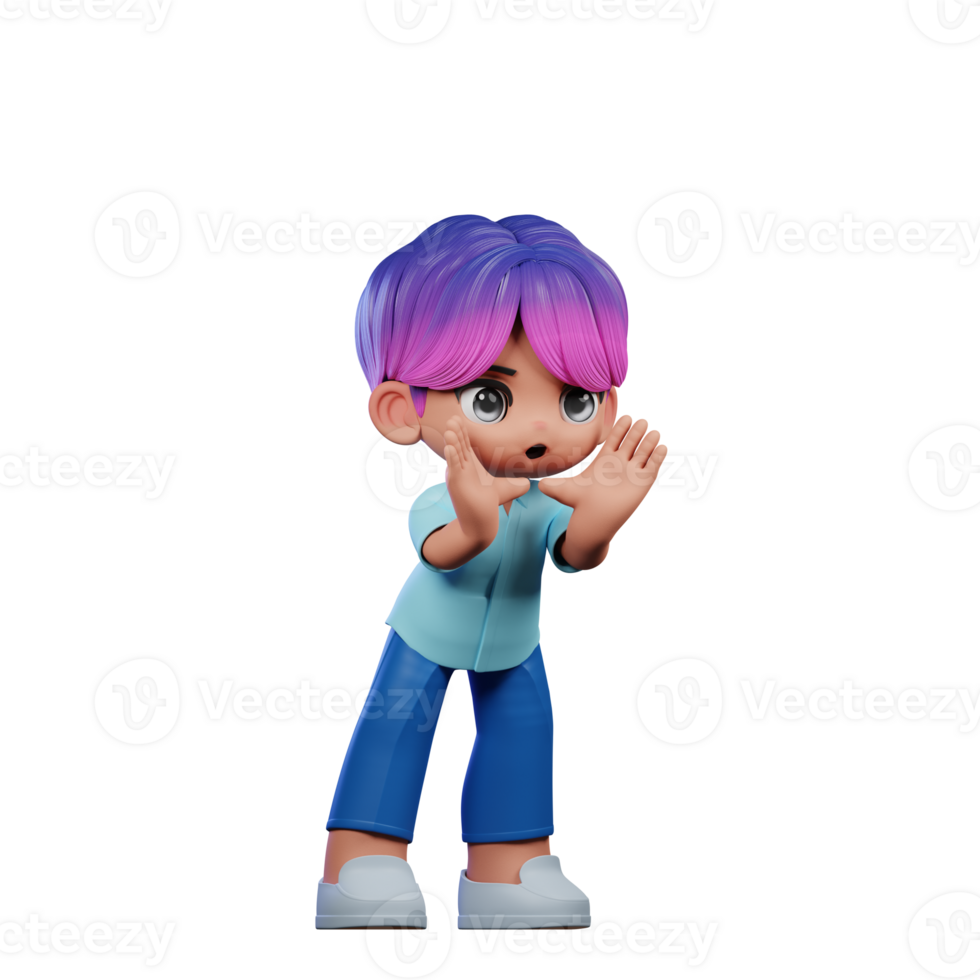3d Cartoon Character with a Purple Hair and Blue Pants Shouting Pose png