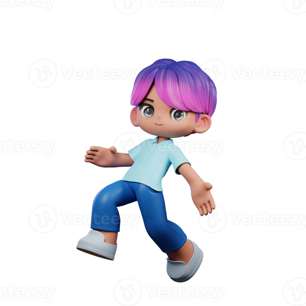 3d Cartoon Character with a Purple Hair and Blue Pants Happy Jumping Pose png