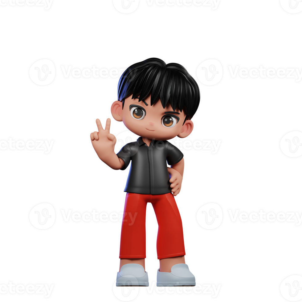 3d Cartoon Character with a Black Shirt and Red Pants Showing Peace Sign Pose png
